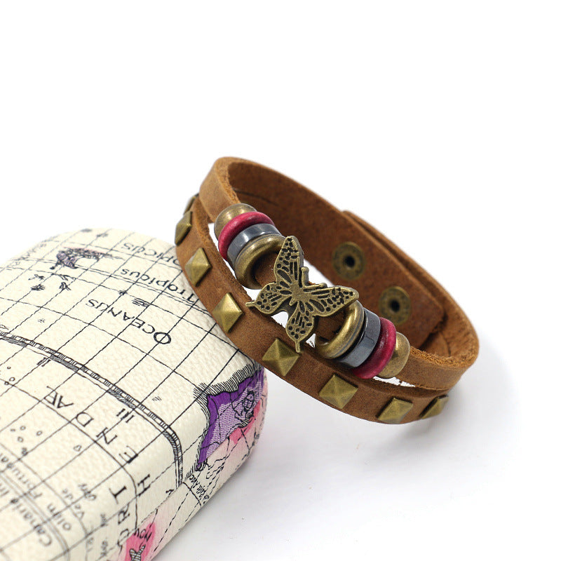 Wholesale butterfly leather bracelet alloy rivet bracelet